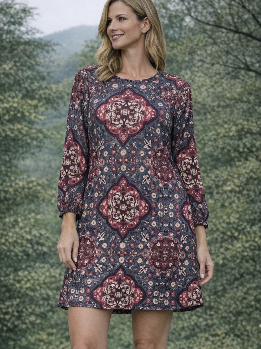 White House Black Market Medallion Boho Mini Dress | Balloon Sleeve | NWOT